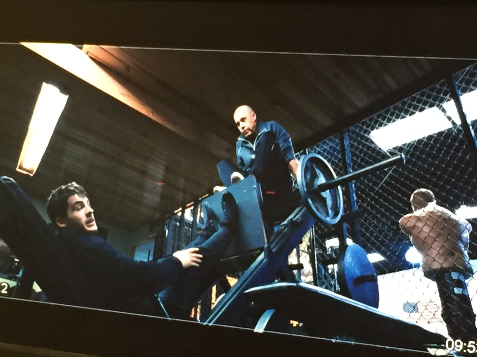 B-camera monitor framing a gym scene during production